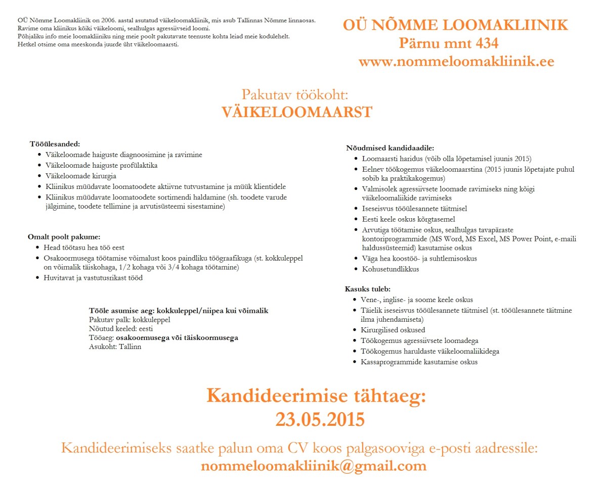 Töökuulutus Väikeloomaarst